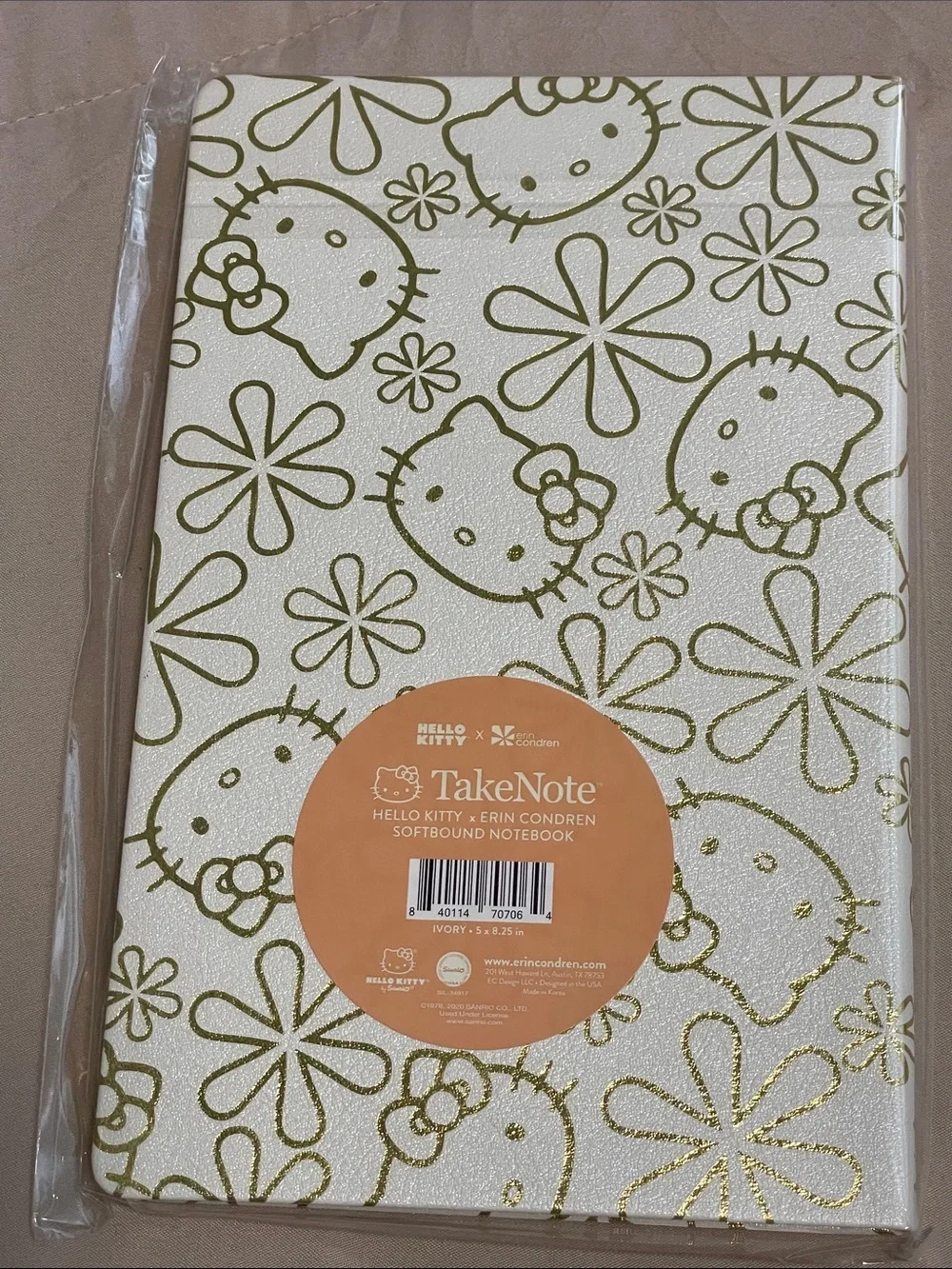 Sanrio-Erin Condren Hello Kitty Pink and Cream Gold-Print Notebook Trio NWT